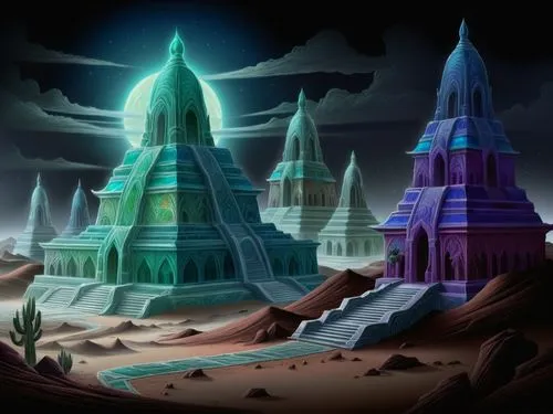 a group of giant towers that are in the dirt,ancient city,spires,basil's cathedral,pyramids,futuristic landscape,ziggurats,cartoon video game background,citadels,undercity,obelisks,monoliths,atlantean