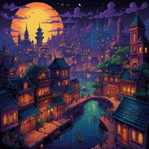 aurora village,fantasy city,halloween background,halloween wallpaper,escher village,fantasy landscape,studio ghibli,fantasy picture,night scene,christmas town,fantasy world,city at night,world digital painting,dream world,medieval town,knight village,cartoon video game background,fairy village,winter village,spa town,Unique,Pixel,Pixel 05