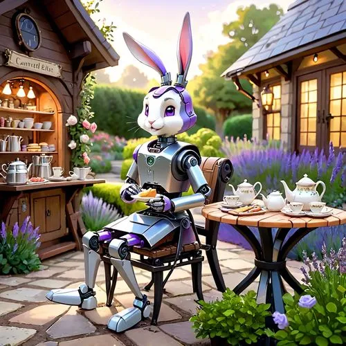 lavandula,bistro,tearoom,alfresco,apothecary,white rabbit,tea party,bunny,café,european rabbit,breakfast outside,teatime,tea time,garden breakfast,domestic rabbit,lupines,wood rabbit,chocolatier,gray hare,garden party,Anime,Anime,Cartoon