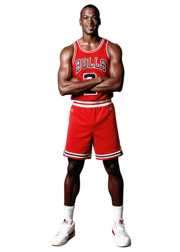 Michael Jordan, basketball legend, standing pose, confident smile, athletic build, black hair, piercing eyes, iconic Jumpman logo on chest, red and black Chicago Bulls jersey, white sneakers, muscular