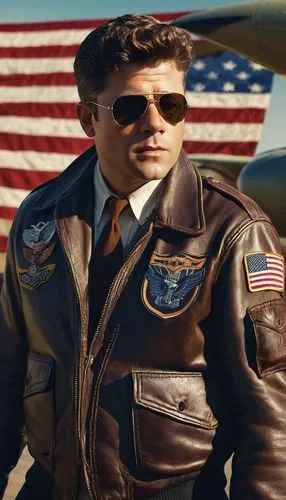 Sean Astin, Memphis Belle pilot, standing proudly, 1940s hairstyle, worn leather jacket, aviator sunglasses, strong facial features, determined expression, iconic bomber jacket with patches, silver wi