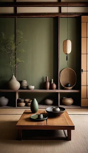 Modern Wabi Sabi interior design, minimalistic, natural materials, wooden floor, tatami mats, shoji screens, sliding doors, low seating, rustic wooden coffee table, vintage ceramic vases, earthy tone 