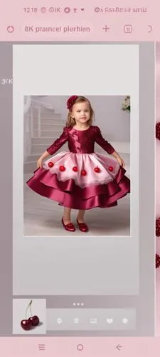 3d fashion drawing of satin dress for kids with three lace layers with burgundy . first layer is light pink with cherries drawn on it.second layer is burgundy.third layer is dark burgundy with sequin 