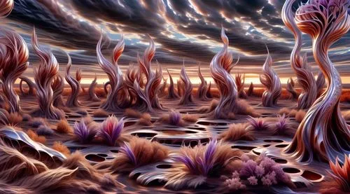 mushroom landscape,alien planet,volcanic landscape,alien world,lava flow,rhizomatous