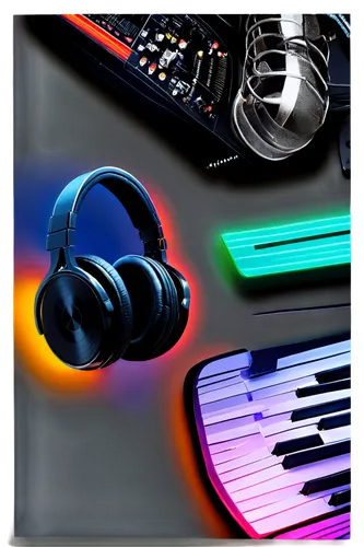 Music notes, headphones, sound waves, DJ equipment, vinyl records, microphone, guitar, piano, music sheets, colorful neon lights, dark background, shallow depth of field, cinematic composition, warm c