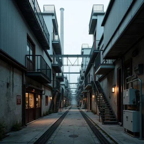 Industrial energy plant, metallic fa\u00e7ade, steel framework, reinforced concrete structures, corrugated metal roofing, industrial pipes, mechanical equipment, electrical substations, warning signs,