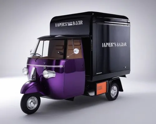 ape car, italy, Harper's Bazaar car, Clean design, news kiosk,  ape car open with newspaper, harper's bazaar logo, white color ape car,an image of a small vehicle with a trailer,piaggio ape,autoricksh