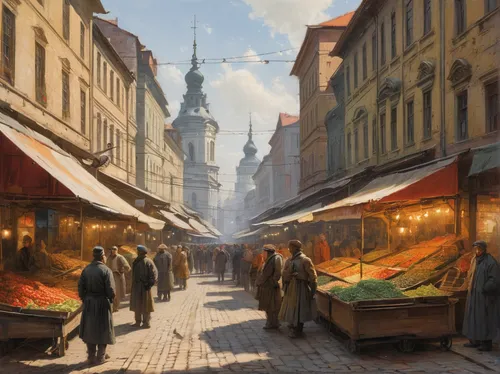 medieval market,covered market,the market,market,vegetable market,old city,fruit market,marketplace,market place,large market,spice market,warsaw,souk,street scene,narrow street,krakow,grand bazaar,old town,poland,the cobbled streets,Art,Classical Oil Painting,Classical Oil Painting 18