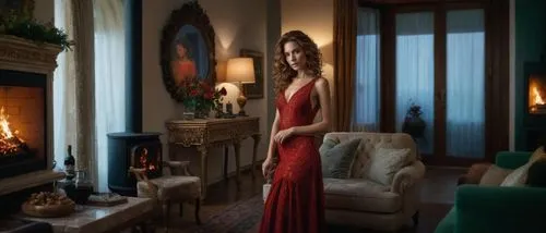 un salon con una maceta y una chimenea,lady in red,red gown,man in red dress,evening dress,girl in a long dress,girl in red dress,elegant,deepika padukone,elegance,christmas gold and red deco,girl in 