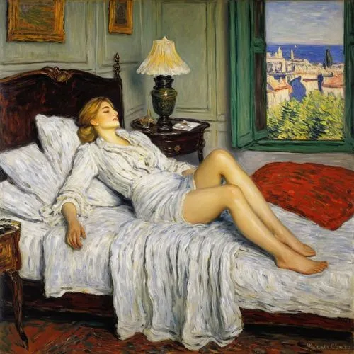 woman on bed,odalisque,rysselberghe,la violetta,girl in bed,schorpen,mademoiselle,woman laying down,perugini,reclining,frieseke,corbier,leighton,renoirs,tuxen,bazille,bellocchio,vuillemin,whitmore,wontner,Art,Artistic Painting,Artistic Painting 04