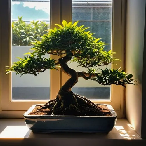 Bonsai made from a mango tree, in a rectangular pot, in perspective, next to a window lit with sunlight,bonsai,bonsai tree,maple bonsai,growing mandarin tree,elm bonsai,dwarf tree,japanese kuchenbaum,