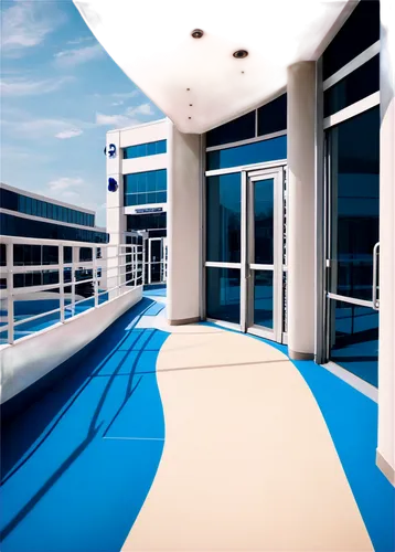 Modern hospital building, white walls, large windows, blue roof, multiple floors, ambulance entrance, revolving door, metal handrails, clean floor, soft lighting, 3/4 composition, shallow depth of fie