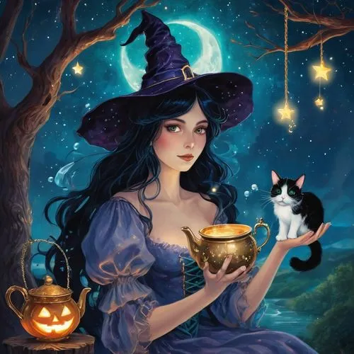 bewitching,halloween witch,samhain,celebration of witches,witches,halloween illustration,magickal,magicienne,witch,witching,magick,witchel,mabon,halloween cat,halloween wallpaper,halloween poster,fantasy picture,wicca,witch hat,morgana,Illustration,Realistic Fantasy,Realistic Fantasy 02