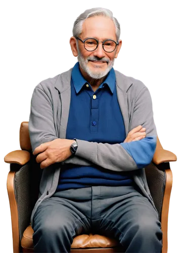 Old man, pixel art style, white beard, wrinkles on face, glasses, gray hair, worn out clothes, sitting on a chair, hands clasped together, gentle smile, warm lighting, shallow depth of field, 3/4 comp