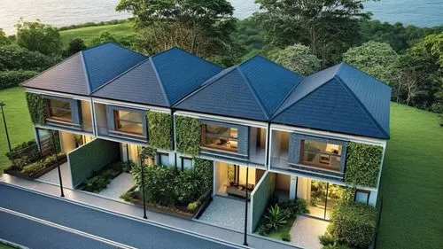 a complex of four houses with a lush of vegetation around it, the setting is sunset and there are shadow and lighting to make the image more realistic,landscape design sydney,weatherboards,woollahra,w