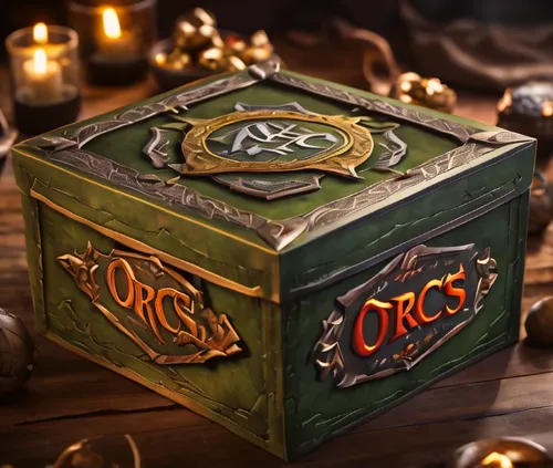 HyperRealistic, close-up shot of a tabletop role play game gift packaging boxe, brand logo text "Orcs", 8k, art by Alucard,card box,gift boxes,treasure chest,gift box,lyre box,magic grimoire,wooden bo