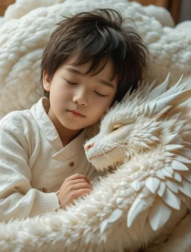 a picture of a young boy sleeping with a cute white furry dragon, HD image, 8K, soft lighting, sharp image,little angel,anjo,little angels,cherubim,bedwetting,cherubic,angel wings,crying angel,to slee