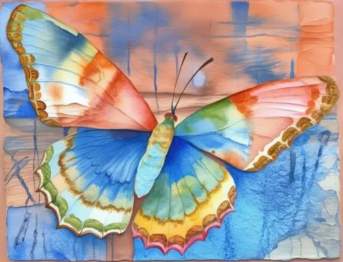 a painting of a colorful erfly sitting on the ground,ulysses butterfly,butterfly background,morpho butterfly,butterfly clip art,janome butterfly,morpho,Illustration,Paper based,Paper Based 24