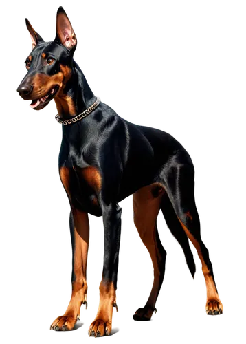 Doberman Pinscher, adult male, black coat, muscular body, athletic build, sharp teeth, pointed ears, piercing brown eyes, standing pose, front legs apart, tail held high, shiny fur, detailed texture, 