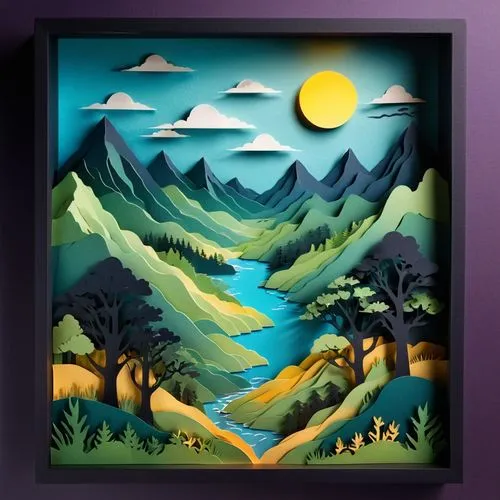 mountain scene,glass painting,paisaje,frame border illustration,mountain landscape,kisoro,Unique,Paper Cuts,Paper Cuts 10