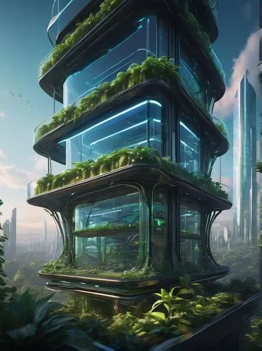 Futuristic bio architecture design, sleek curves, organic shapes, transparent glass walls, iridescent solar panels, lush greenery, vines crawling up columns, futuristic laboratory equipment, holograph