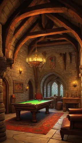 billiard room,hobbiton,wooden beams,bar billiards,billiard table,billiards,english billiards,gnome and roulette table,wine cellar,tavern,dandelion hall,ornate room,game room,fireplaces,vaulted ceiling,medieval architecture,attic,billiard,fireplace,wine barrels,Illustration,Realistic Fantasy,Realistic Fantasy 32