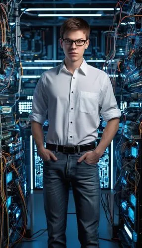 Modern digital designer, young adult male, glasses, short brown hair, casual wear, white shirt, jeans, sneakers, standing, futuristic laboratory, rows of computers, complex circuit boards, wires, micr