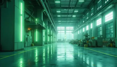 industrial design, modern factory, light green accents, metallic surfaces, steel beams, concrete floors, minimalist aesthetic, sleek lines, functional details, subtle curves, futuristic ambiance, high