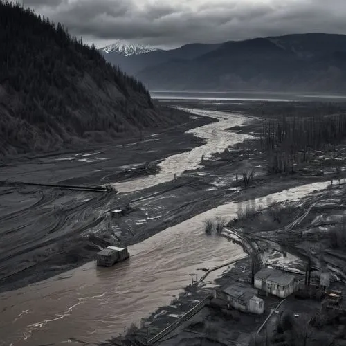 A massive flood of the Columbia River as landscape photography, natural light, unnerving, scary, intense, super detailed, photography, hyperrealistic, ultra-defined, detailed, highly-detailed, beautif