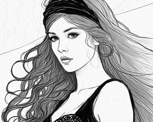 a black and white drawing of a woman,lineart,line art,mono-line line art,mono line art,fujiko,line drawing,Design Sketch,Design Sketch,Black and white Comic