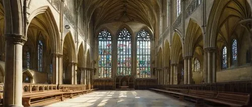 Peterborough Cathedral, grand Gothic architecture, intricate stone carvings, stunning stained glass windows, majestic vaulted ceiling, ornate decorations, subtle natural light pouring through windows,