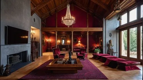 large living area with high ceilings, wood and purple decor,amanresorts,luxury home interior,great room,fireplaces,sitting room,home interior,minotti,fire place,interior decor,interior design,chateau 