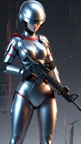 a female special forces, with metallic read armor, with battle damage, modern rifle ,a futuristic woman holding an automatic rifle in her hand,spaceguard,cylon,fembot,spacesuit,battlesuit,appleseed,fe