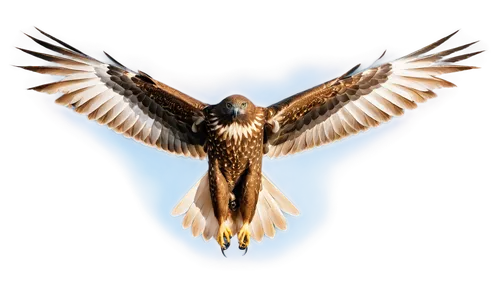 Flying hawk, spread wings, soaring high, blue sky, white clouds, sharp talons, brown feathers, strong wingspan, sunlight casting shadow, panoramic view, dramatic lighting, cinematic composition.,eagle