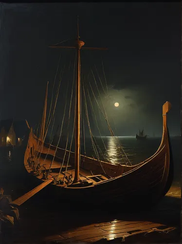 night scene,boat landscape,barquentine,friendship sloop,sloop-of-war,wherry,sailer,moonlit night,sailing ship,two-handled sauceboat,wooden boat,sea night,sailing-boat,galleon ship,sea sailing ship,boat on sea,barque,galleon,wooden boats,longship,Art,Classical Oil Painting,Classical Oil Painting 41