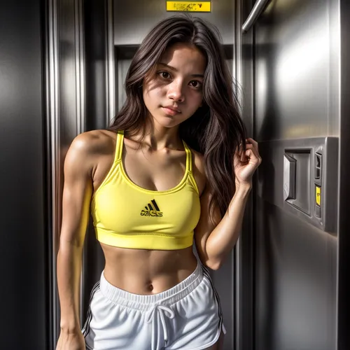 Self-portrait in the elevator.  Yellow sports bra, black Adidas shorts, 3 white stripes on the side.  White sports shoes.  On the way to fitness training.,adidas,technogym,gym girl,diadora,fitness roo