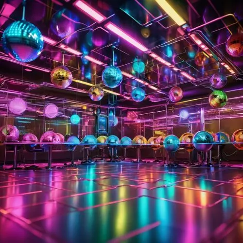 nightclub,dancefloor,spaceland,discotheque,colored lights,disco,dancefloors,ufo interior,prism ball,discotheques,party lights,neon cocktails,colorful light,clubcorp,spaceship interior,disco ball,dance club,nightclubs,party decoration,ballroom,Illustration,Realistic Fantasy,Realistic Fantasy 38