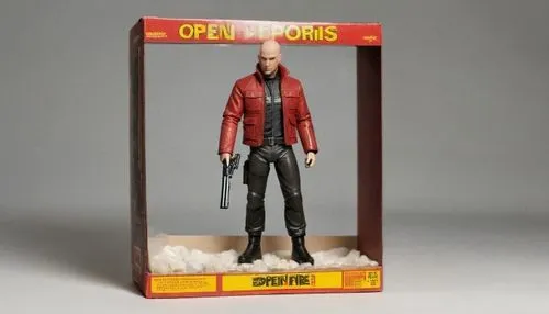 Bald Action figure toy infographics, Label that says "Open Fire" on display box, Comic book style, Red and white color palette,,a toy figure is in the box on display,action figure,collectible action f