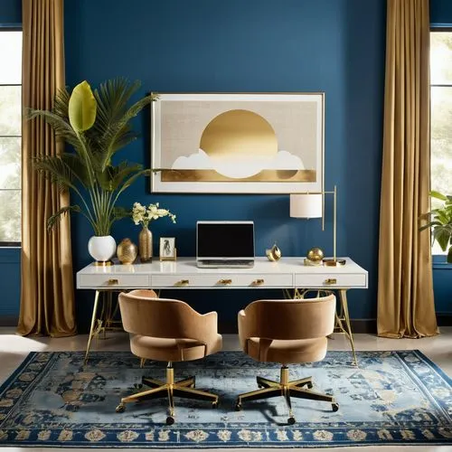 blur office background,dark blue and gold,modern decor,contemporary decor,writing desk,blue room,mid century modern,interior design,mahdavi,navy blue,modern office,interior decor,desk,berkus,wallcovering,blue painting,dining room table,interior decoration,wallcoverings,royal blue,Photography,General,Realistic