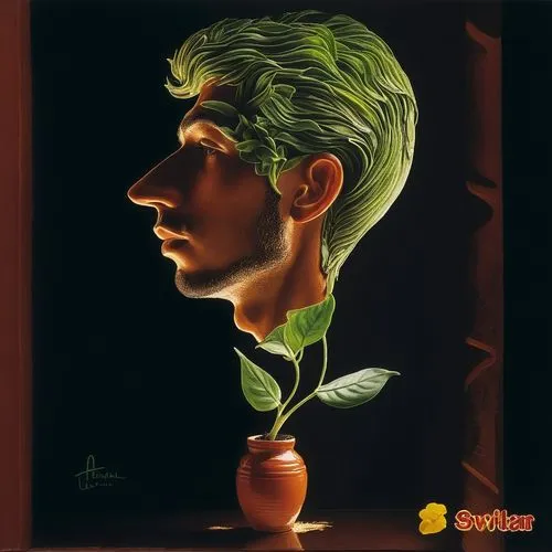 A cabeça de um homem jovem, de perfil, está brotando de uma planta plantada em um vaso,a man with green hair sitting in front of a window,cutugno,bartolomeo,simonelli,deodato,sylvinho,bellocchio,3D,To