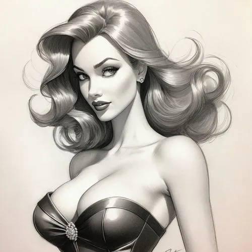 pencil drawing of girl 
JESSICA RABBIT 
 , giant perfect round fake chest, stunning slim waist, 
tight strapless dinner dress,charcoal pencil,pencil drawing,pin-up girl,retro pin up girl,charcoal draw