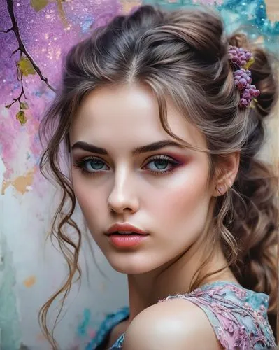 romantic look,mystical portrait of a girl,romantic portrait,portrait background,photo painting,beautiful girl with flowers,Conceptual Art,Oil color,Oil Color 06