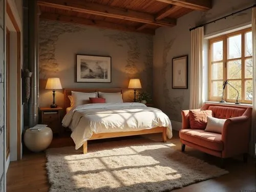 chambre,sleeping room,rustic,loft,guestroom,guest room,bedroom,great room,soffa,danish room,rustic aesthetic,wooden beams,bedrooms,country cottage,morning light,roominess,bedroomed,attics,modern room,home interior,Photography,General,Realistic