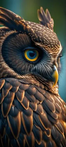 Uma foto nítida HDR de profissional linda coruja PRETA, bico dourado e olho Azul.,a bird with a very large blue eye is standing near a tree,owl eyes,european eagle owl,eurasia eagle owl,eagle owl,eura