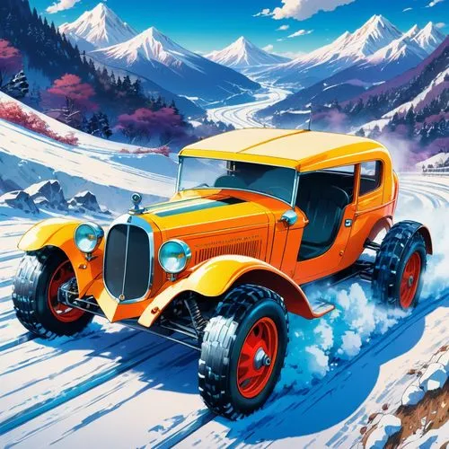 snowplow,alpine style,snow plow,snowplowing,alpine,alpine drive,onrush,snowmobile,off-road car,illustration of a car,snocountry,hillclimb,automobile racer,garrison,winter tires,snow scene,autocar,snow slope,retro vehicle,caterham,Illustration,Japanese style,Japanese Style 03