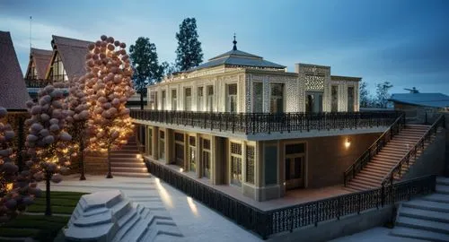 the house has stairs and lights strung around it,villa cortine palace,mansion,belvedere,villa balbiano,villa balbianello,athenaeum,Photography,General,Cinematic