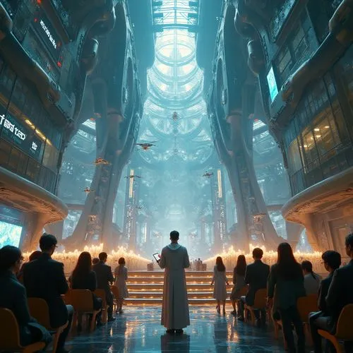 Metabolism style church, futuristic architecture, intricate metallic structure, glass walls, neon lights, cyberpunk atmosphere, cityscape background, Tokyo or Seoul-inspired metropolis, bustling stree