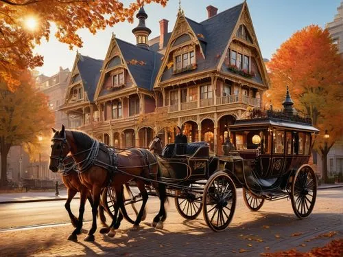 carriage ride,wooden carriage,horse-drawn carriage,frontierland,victorian,horse drawn carriage,victorian style,horse carriage,carriage,autumn scenery,fall landscape,storybrooke,horsecars,briarcliff,disneyland park,old victorian,victoriana,stagecoaches,victorians,autumn background,Illustration,Realistic Fantasy,Realistic Fantasy 35