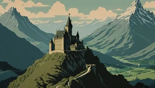 hogwarts,travel poster,summit castle,knight's castle,castles,castle,fairy tale castle,castel,fairytale castle,schwabentor,disney castle,gold castle,castle of the corvin,castle bran,jrr tolkien,grindelwald,castleguard,high alps,medieval castle,neuschwanstein,Illustration,Japanese style,Japanese Style 08