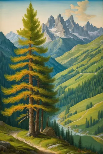 Illustrate a painting showcasing the vibrant colors of larch wood in spring.,larch forests,larch trees,larch tree,mountain scene,spruce-fir forest,american larch,coniferous forest,mountain landscape,f